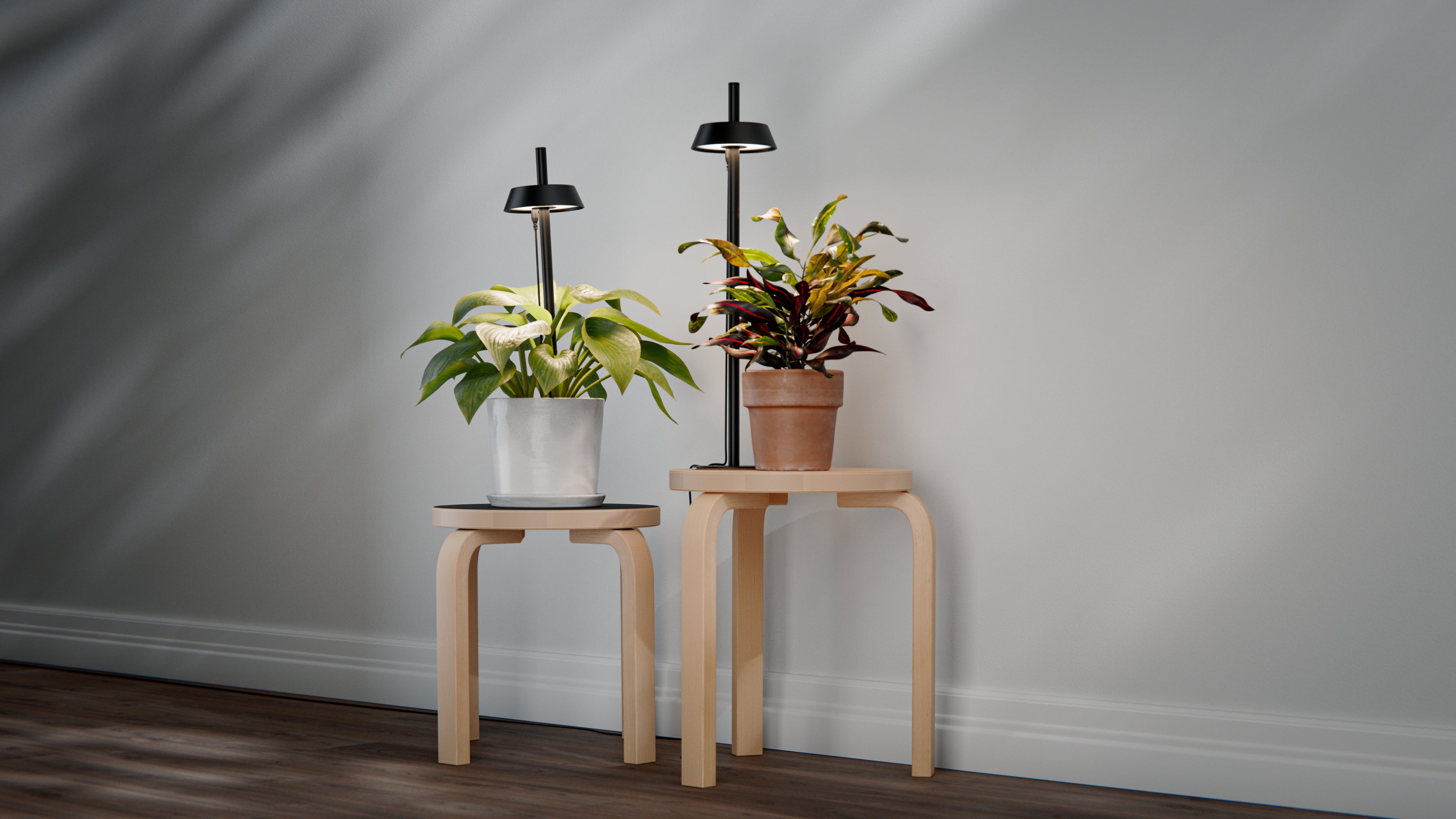 Two wooden stools with potted plants and grow lights against a neutral wall